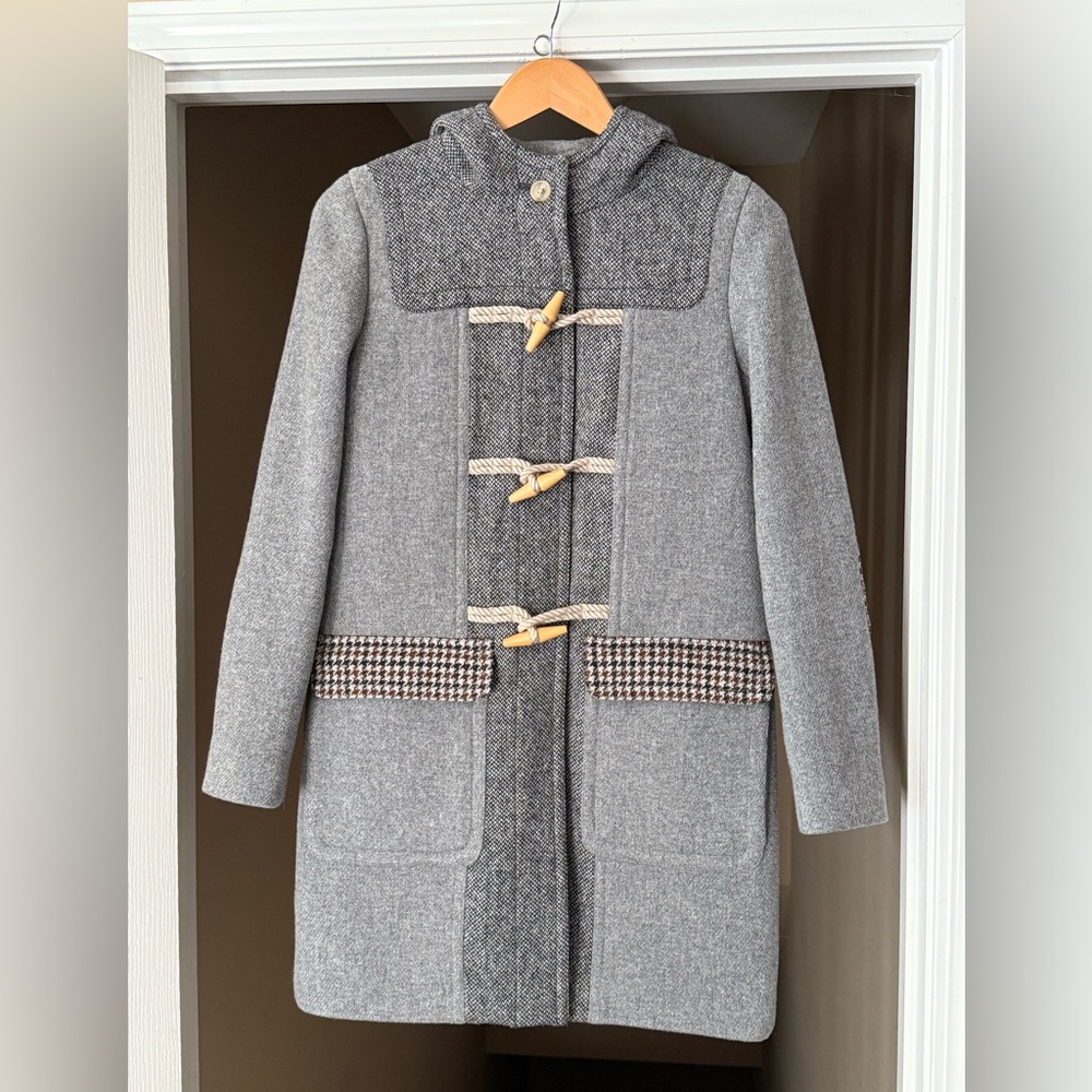 J. Crew Collection Grey Wool Herringbone Hooded Toggle Coat, Size 2. EUC.